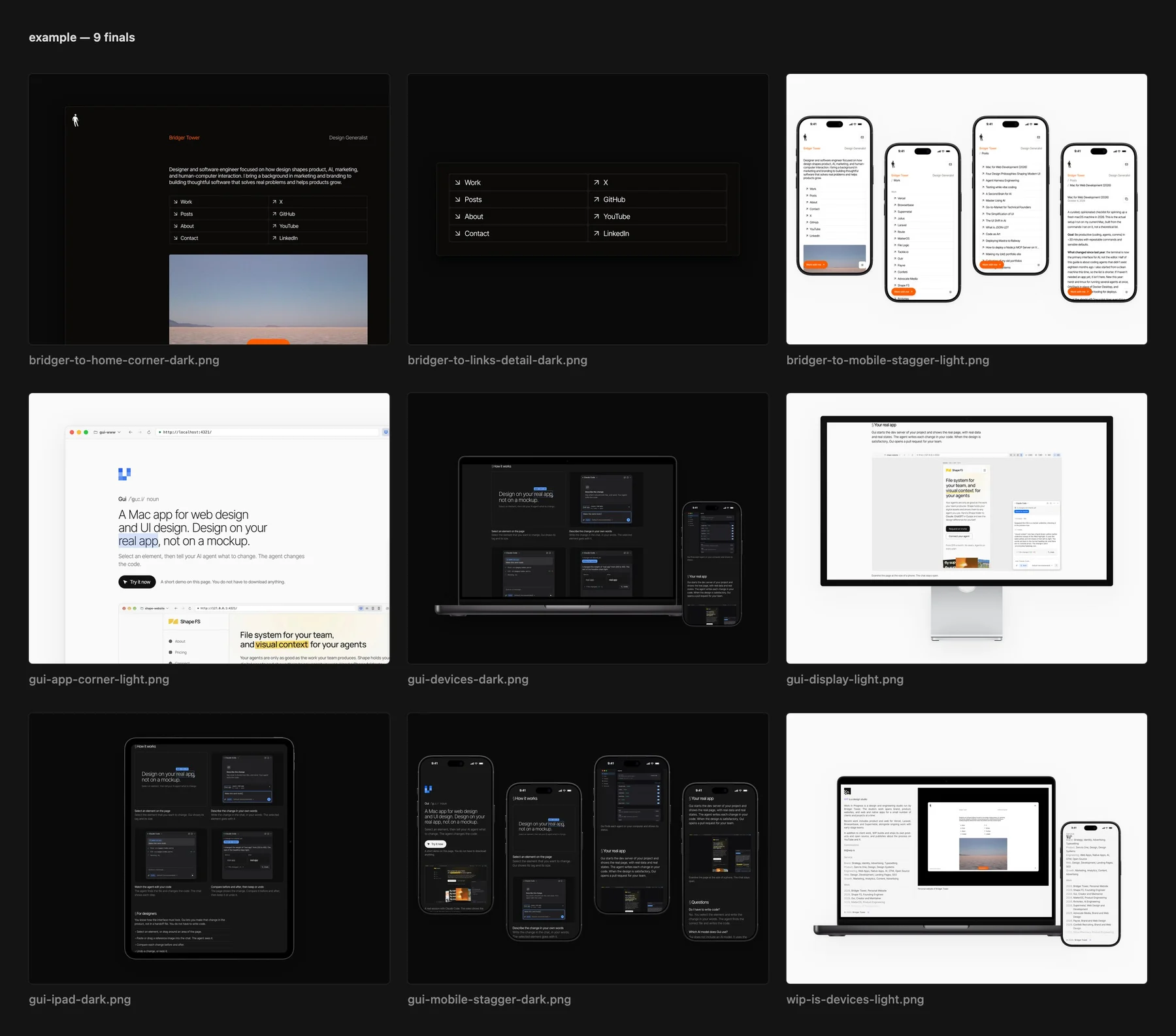A pshot contact sheet: product shots of websites and apps in dark and light, unframed, close-up, and on Apple devices.